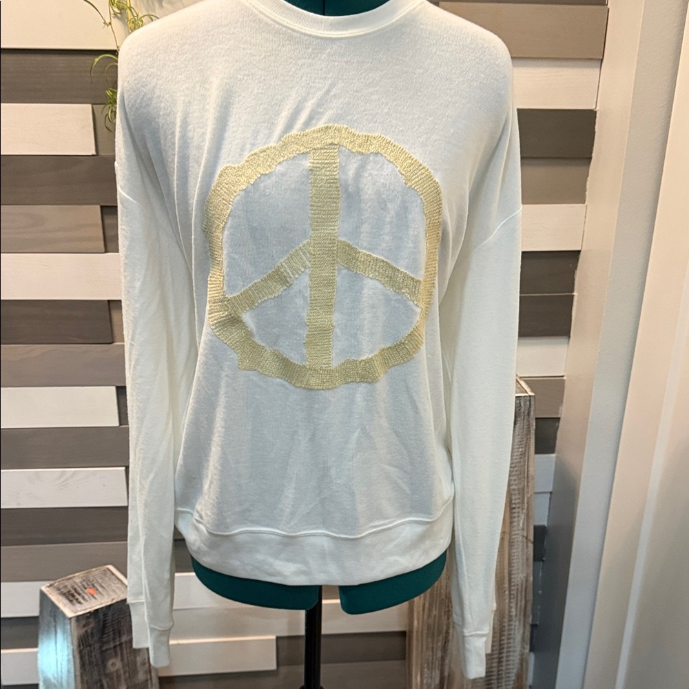 White Sweatshirt with Gold Peace Sign